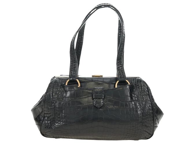 Borsa PRADA in pelle con stampa coccodrillo nera Oro Auth 185588V Nero D'oro - vista 2
