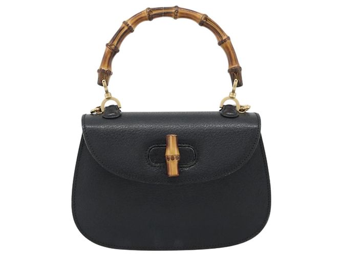 Bolsa de Ombro GUCCI Bamboo em Couro 2way Preto Ouro 000 1014 0188 Auth 187626SAV Dourado - vista 13