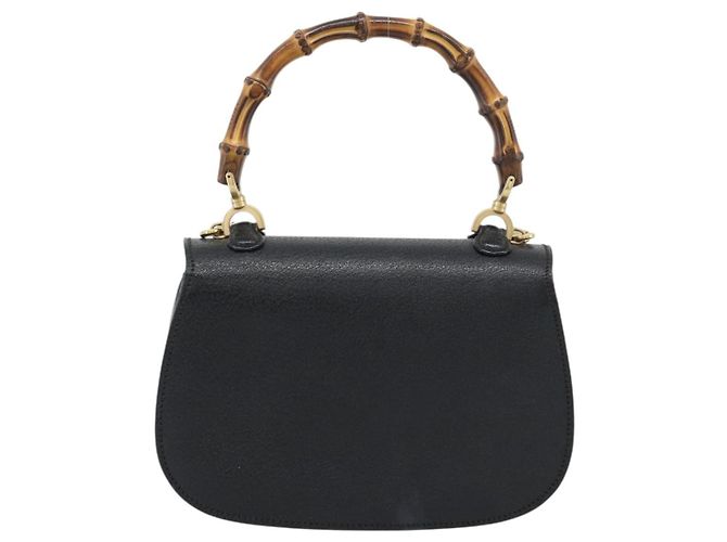 Bolsa de Ombro GUCCI Bamboo em Couro 2way Preto Ouro 000 1014 0188 Auth 187626SAV Dourado - vista 2