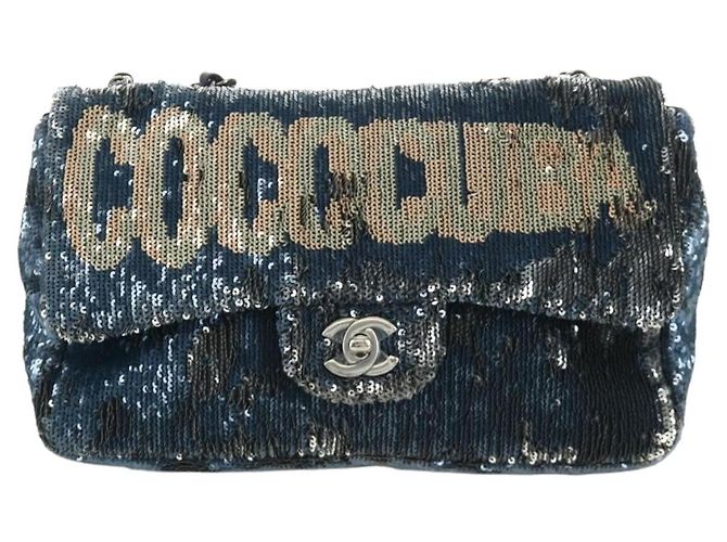 CHANEL Coco Cuba Chain Shoulder Bag Sequin Blue Silver CC Auth 185311SM Argento - vista 13