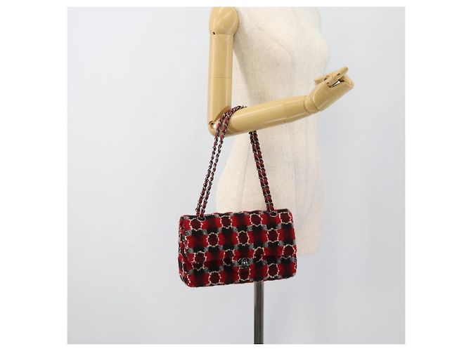 CHANEL Matelasse25 Double Flap Chain Bag Tweed Red Silver CC Auth 187053SAM Argento Rosso - vista 27