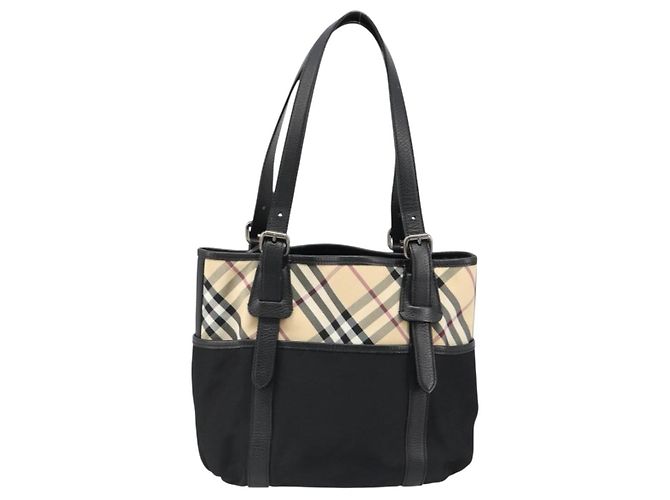 Borsa a mano BURBERRY Nova Check in nylon Beige Nero Argento Auth 187375A - vista 13