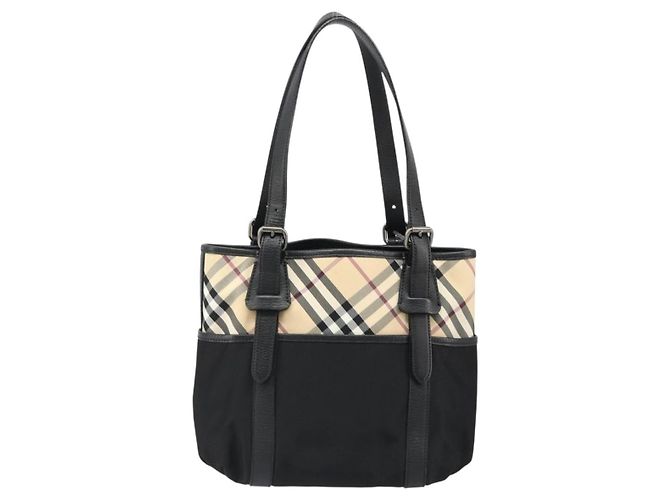 Borsa a mano BURBERRY Nova Check in nylon Beige Nero Argento Auth 187375A - vista 2
