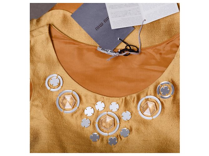 Top de seda dourado Miu Miu com decote decorado Bronze - vista 7