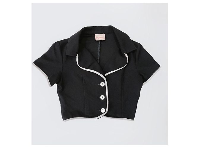 Byblos Camisa Crop Negra con Ribete Blanco Negro - vista 4
