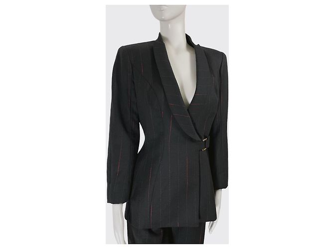 Thierry Mugler Mugler Completo Pantalone Lana Blu Navy Righe Rosse - vista 3