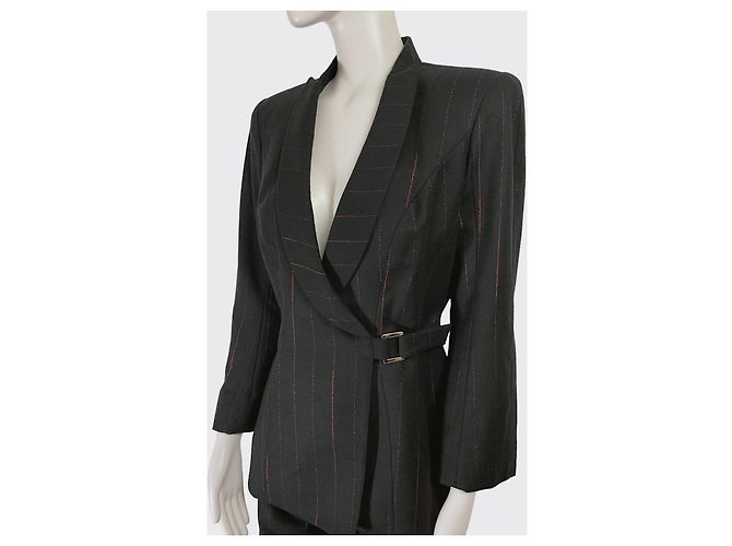 Thierry Mugler Mugler Completo Pantalone Lana Blu Navy Righe Rosse - vista 5