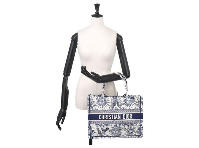 Bolso Christian Dior Book Tote Medium, Lona, Blanco & Azul - vista 9