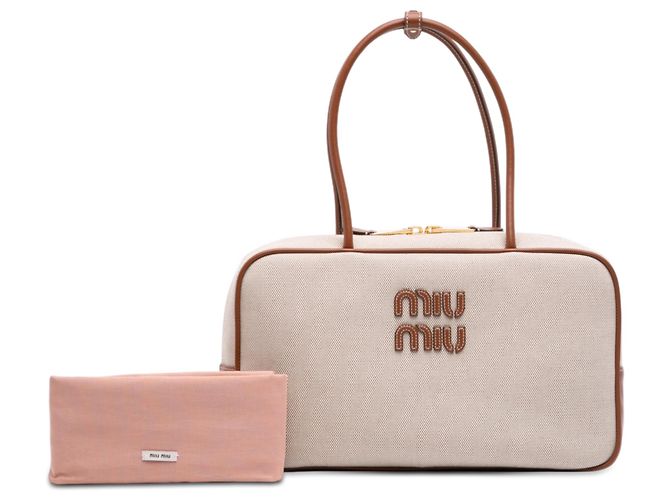 Borsa Beau in tela beige e pelle con logo Miu Miu Large - vista 7