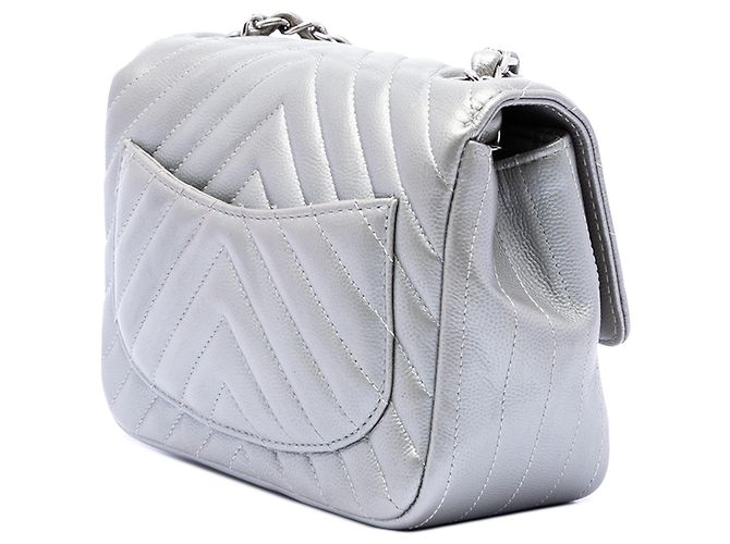 Chanel Mini Square Classic Chevron Caviar Argento Single Flap - vista 2