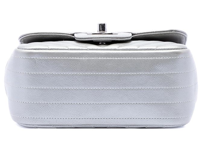 Chanel Mini Square Classic Chevron Caviar Argento Single Flap - vista 3