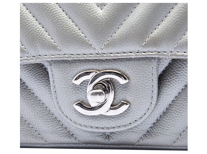 Chanel Mini Square Classic Chevron Caviar Argento Single Flap - vista 5