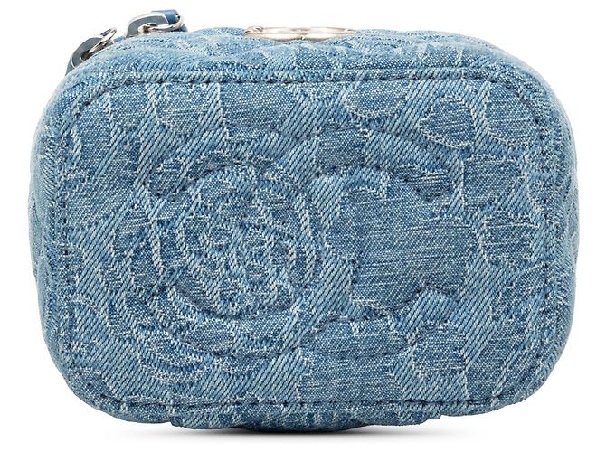 Vanity Necessaire Chanel Blue Mini em denim acolchoado com camélia Sweetheart e corrente Azul - vista 3