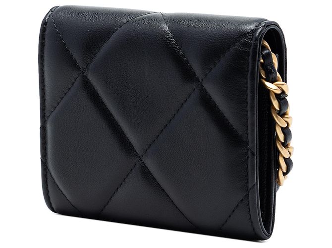 Chanel 19 Flap Münzbeutel aus schwarzem gestepptem Lammleder mit Kette - Ansicht 2