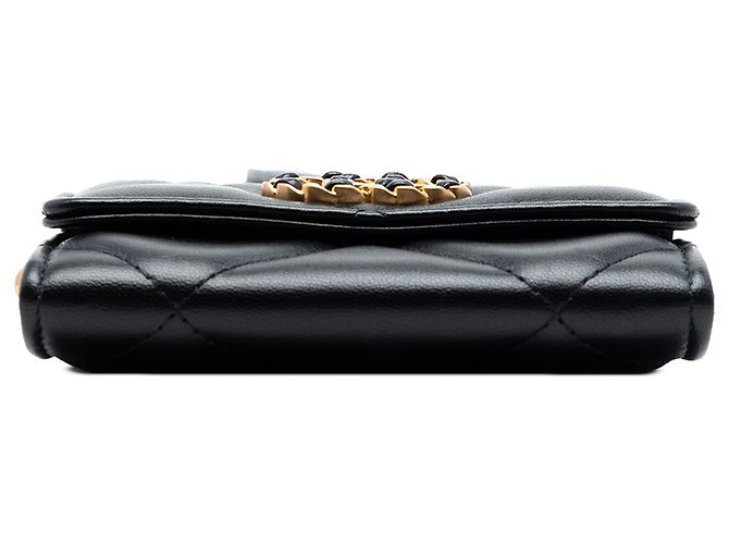 Chanel 19 Flap Münzbeutel aus schwarzem gestepptem Lammleder mit Kette - Ansicht 3