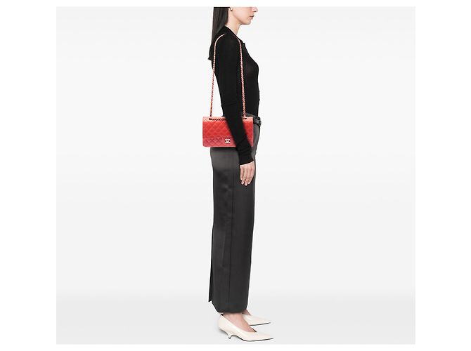 Chanel Orange Medium Classic Lambskin Double Flap Rosso Arancione - vista 6