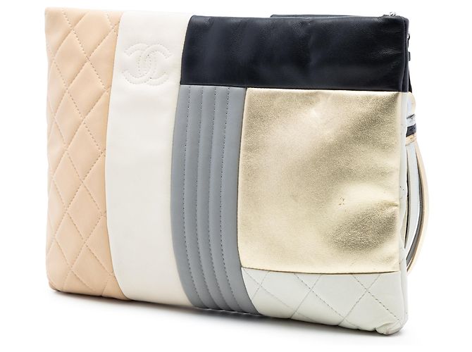 Clutch Chanel Silver Large Quilted Lambskin Colorblock Patchwork O Case Argento - vista 2