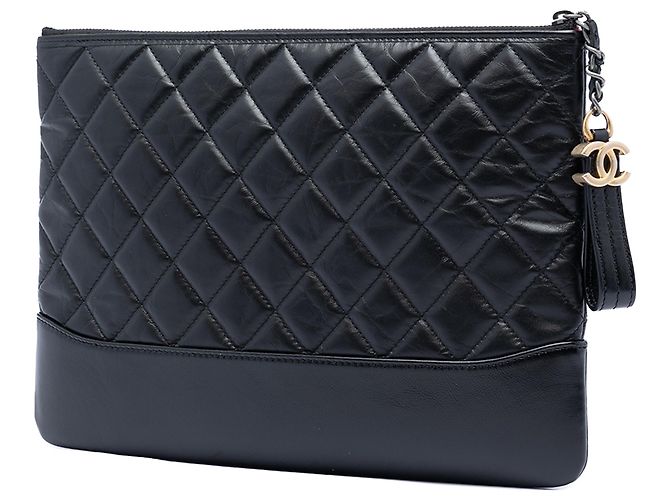 Clutch Chanel Gabrielle O Case in pelle di vitello invecchiata trapuntata nera Medium Nero - vista 2