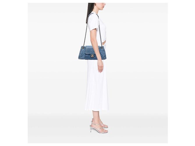 Chanel Blau Mittel Gequiltet Iridescent Kalbsleder Chic Quilt Akkordeon Klappe Hellblau - Ansicht 6