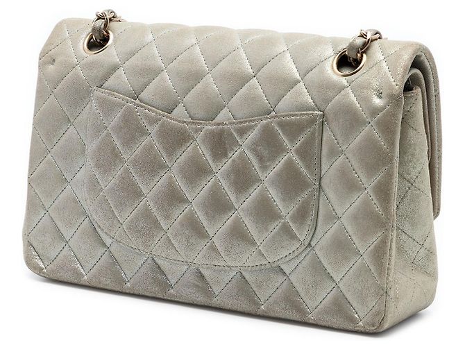 Chanel Argentata Medium Classic Iridescent Lambskin Double Flap Argento - vista 2