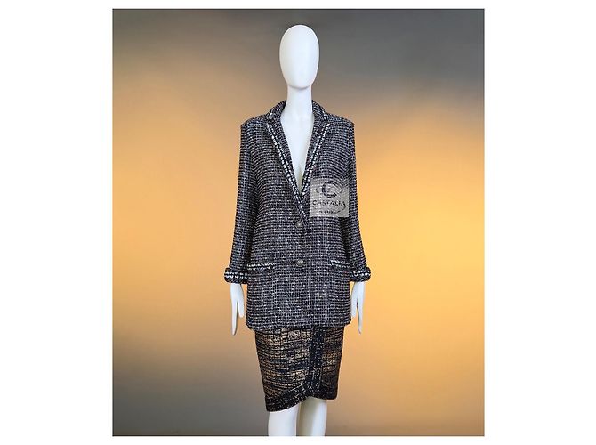 Chanel Tweed-Jacke Shimmering Geometry Schwarz Weiß Bordeaux - Ansicht 3