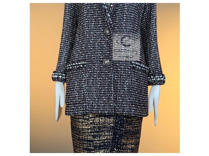 Chanel Tweed-Jacke Shimmering Geometry Schwarz Weiß Bordeaux - Ansicht 7
