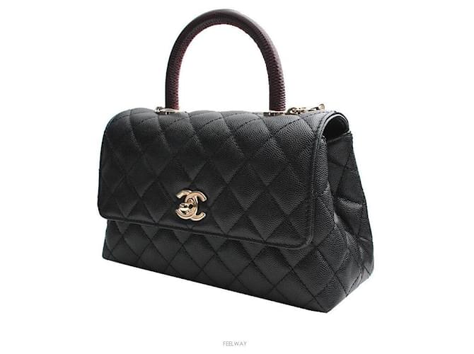 Chanel Coco Handle Medium Black Caviar Lizard Champagne Gold Interior Chip Nero - vista 2