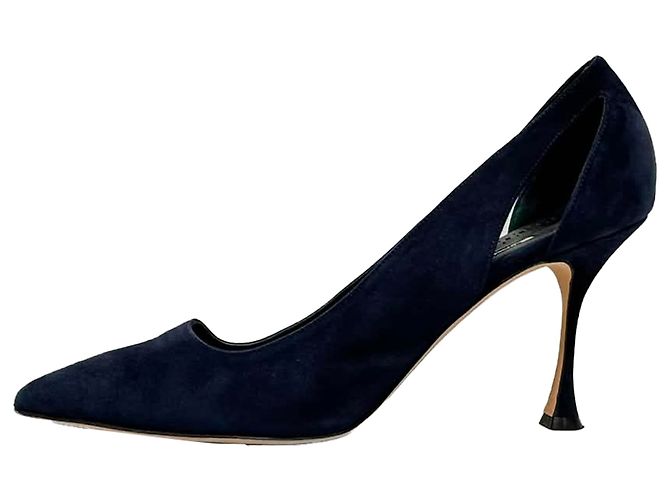 Scarpin de bico fino com recortes Manolo Blahnik em camurça azul marinho - vista 4