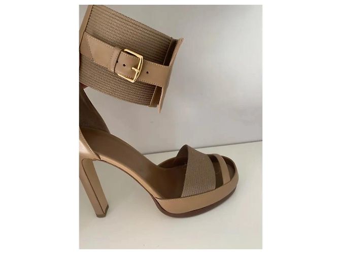 Hermès Katy Sandali con tacco alto in pelle e tela beige Taupe - vista 3