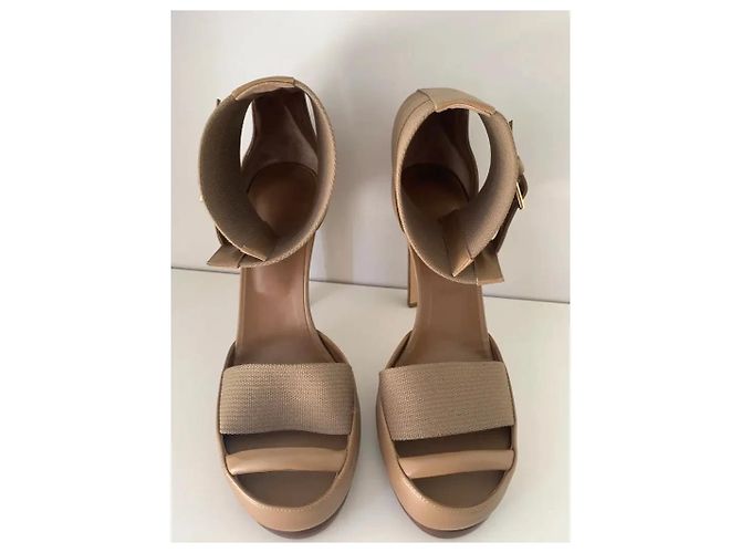 Hermès Katy Sandali con tacco alto in pelle e tela beige Taupe - vista 4