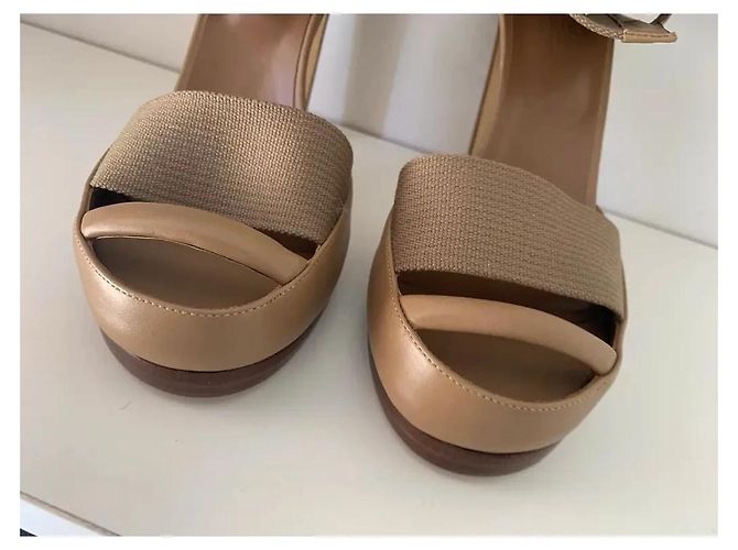 Hermès Katy Sandali con tacco alto in pelle e tela beige Taupe - vista 5