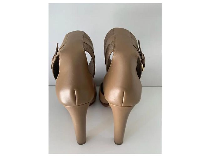 Hermès Katy Sandali con tacco alto in pelle e tela beige Taupe - vista 7