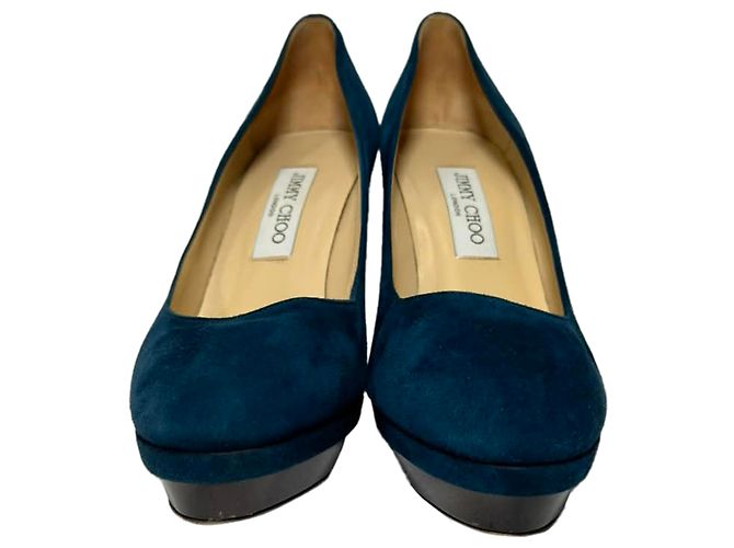 Décolleté con plateau Jimmy Choo in scamosciato blu - vista 3