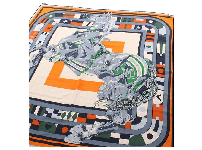 Hermès Hermes Carre 100 ROBOCABAR Seide/Kaschmir Blau Mehrfarben Orange - Ansicht 2