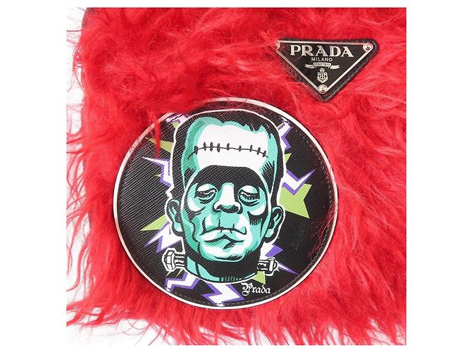 Saffiano Prada Frankenstein Mini Rucksack - Roter Kunstpelz & Schwarzes Nylon - Ansicht 7