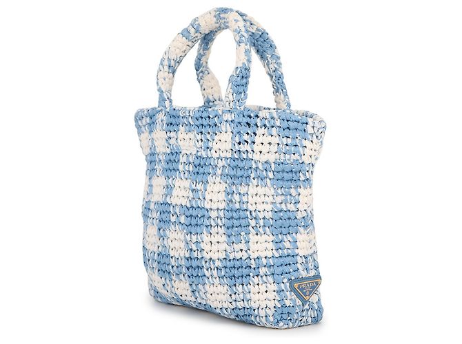 Bolso Tote Prada Crochet Small Raffia Blanco Azul - vista 2