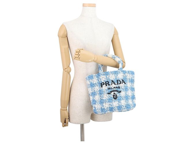 Bolso Tote Prada Crochet Small Raffia Blanco Azul - vista 4