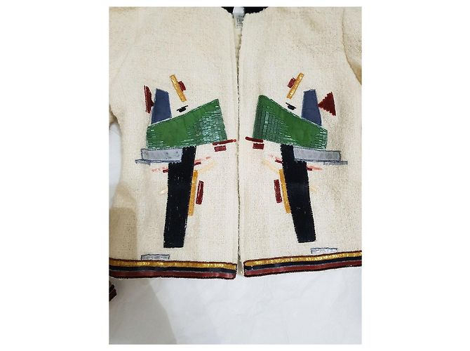 Chanel 03A Cream Tweed Embellished Jacket Black Metallic Gold hardware - view 2