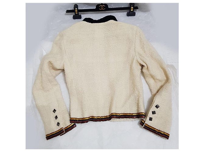 Chanel 03A Cream Tweed Embellished Jacket Black Metallic Gold hardware - view 4