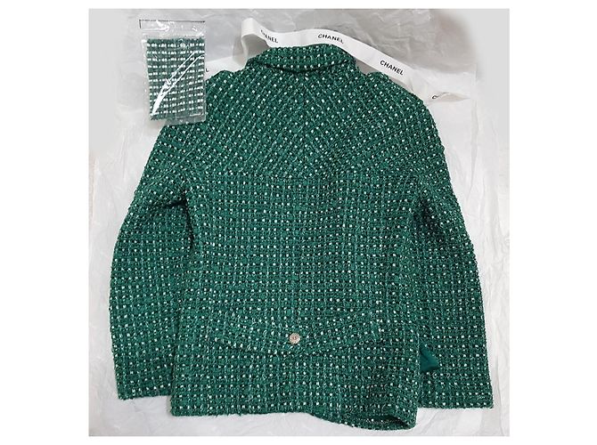 Chanel Chaqueta de tweed verde con botones CC - vista 2