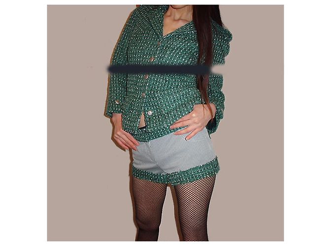 Short de tweed Chanel a rayas con ribete verde Blanco - vista 8
