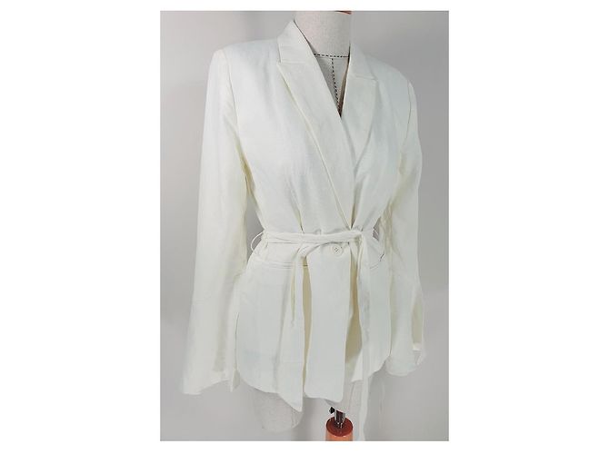 Free People Blazer con cinturón en mezcla de lino blanco - vista 2
