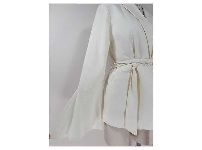 Free People Blazer con cinturón en mezcla de lino blanco - vista 3