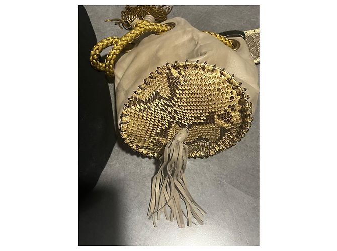 Delphine Delafon Beuteltasche aus Leder und Python Braun Beige - Ansicht 6