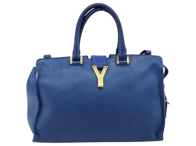 SAINT LAURENT Petit Cabas Hand Bag Leather 2way Blue Gold Auth 187142A D'oro - vista 2