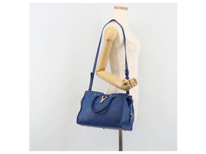 SAINT LAURENT Petit Cabas Hand Bag Leather 2way Blue Gold Auth 187142A D'oro - vista 27