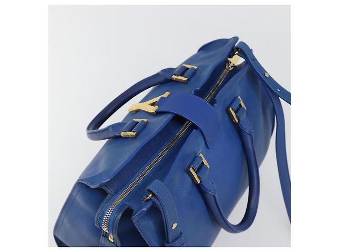 SAINT LAURENT Petit Cabas Hand Bag Leather 2way Blue Gold Auth 187142A D'oro - vista 6