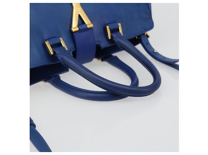 SAINT LAURENT Petit Cabas Hand Bag Leather 2way Blue Gold Auth 187142A D'oro - vista 7