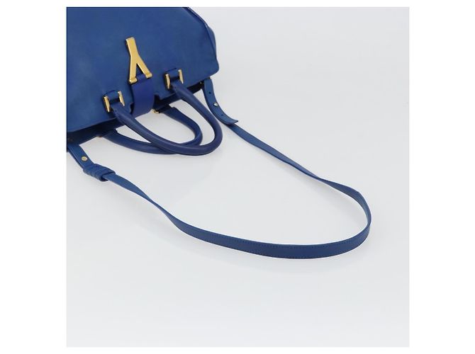 SAINT LAURENT Petit Cabas Hand Bag Leather 2way Blue Gold Auth 187142A D'oro - vista 9