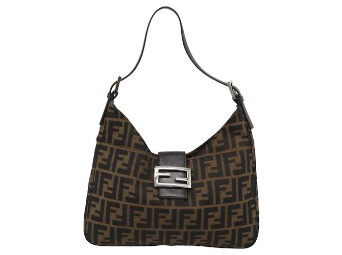 Borsa a Spalla FENDI Mamma Baguette in Tela Zucca Nero Marrone Argento Auth am11931V - vista 2